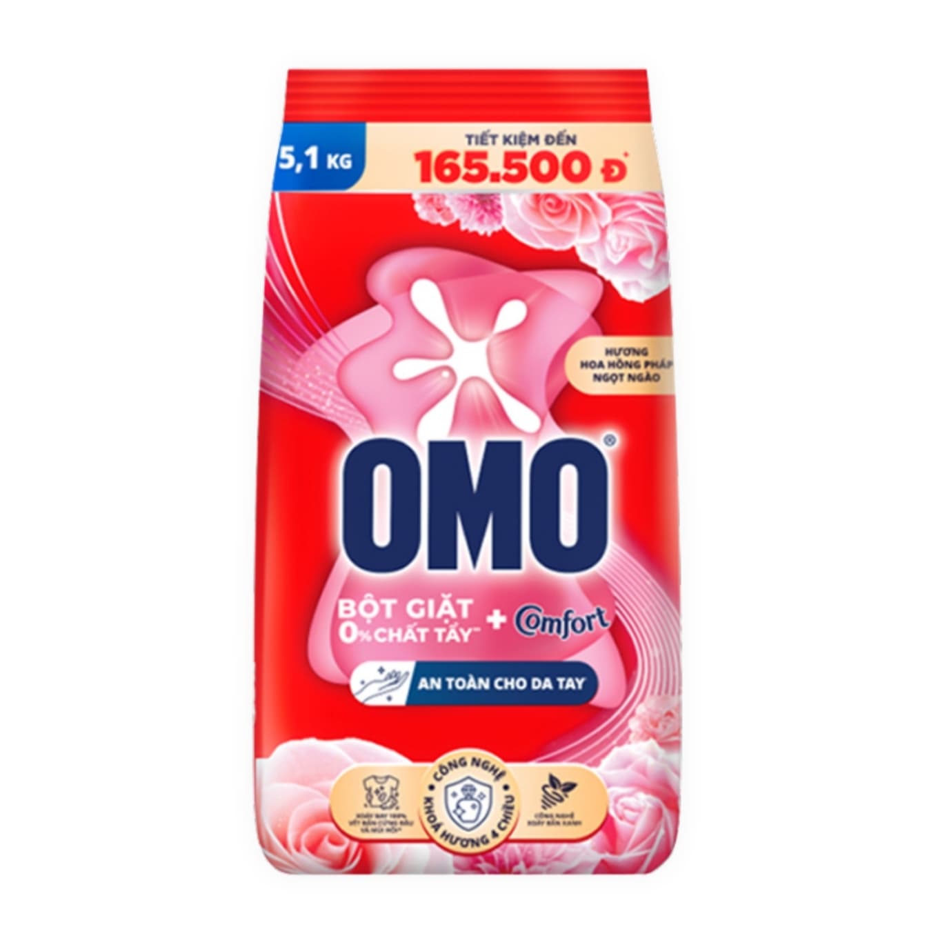 Bột giặt cf hương hoa hồng dịu mát bền lâu Omo gói 5.1kg (1 Gói)