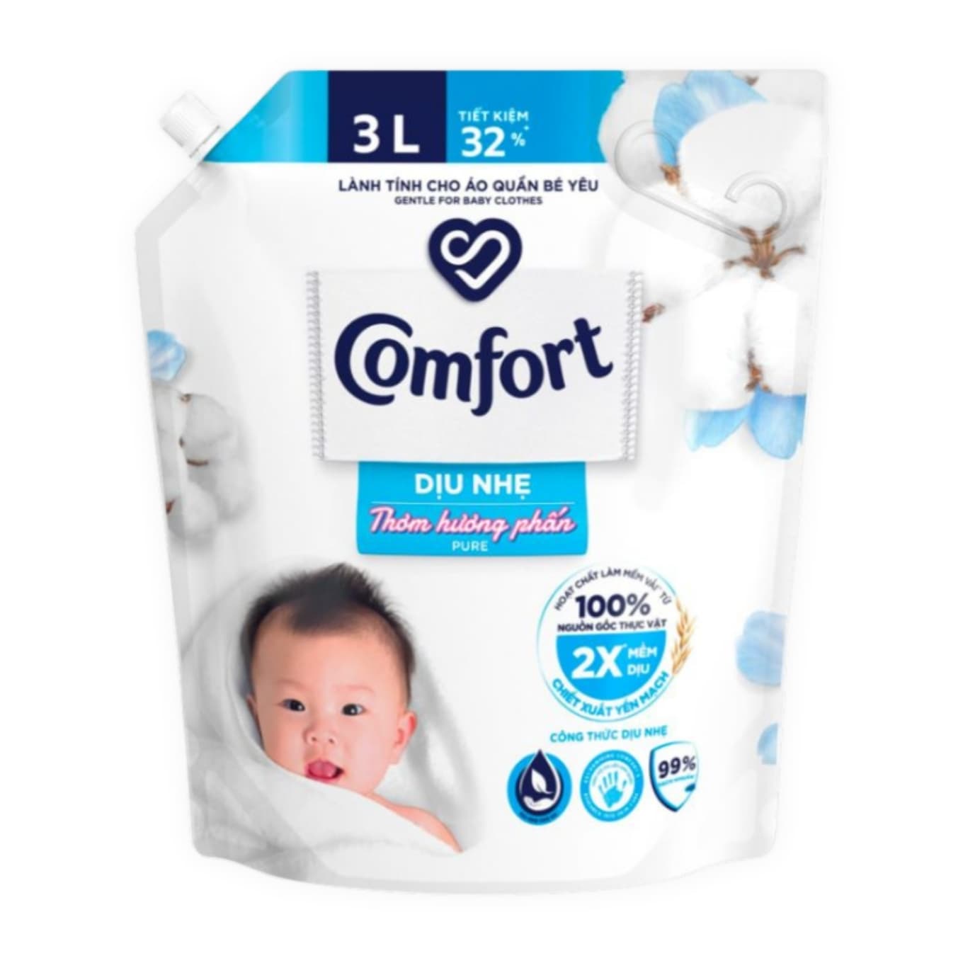 Nước xả mềm vải dịu nhẹ thơm hương phấn Comfort túi 3L (1 Túi)